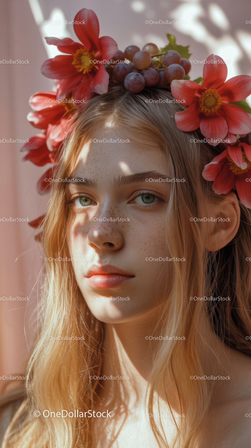 Young Woman with Red Floral Crown and Purple Grapes Outdoor Portrait