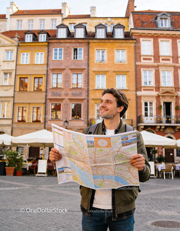 Uśmiechnięty podróżnik odkrywający europejskie miasto z mapą