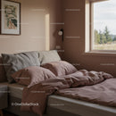 Cozy Bedroom with Soft Linen Shelves and Natural Daylight