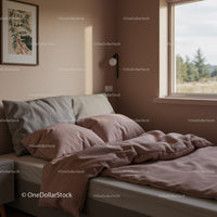 Cozy Bedroom with Soft Linen Shelves and Natural Daylight