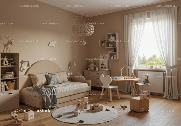 Przytulna dziecięca sypialnia z naturalnym światłem i zabawną dekoracją
