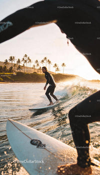 Surfer Riding a Wave at Sunset with Palm Trees