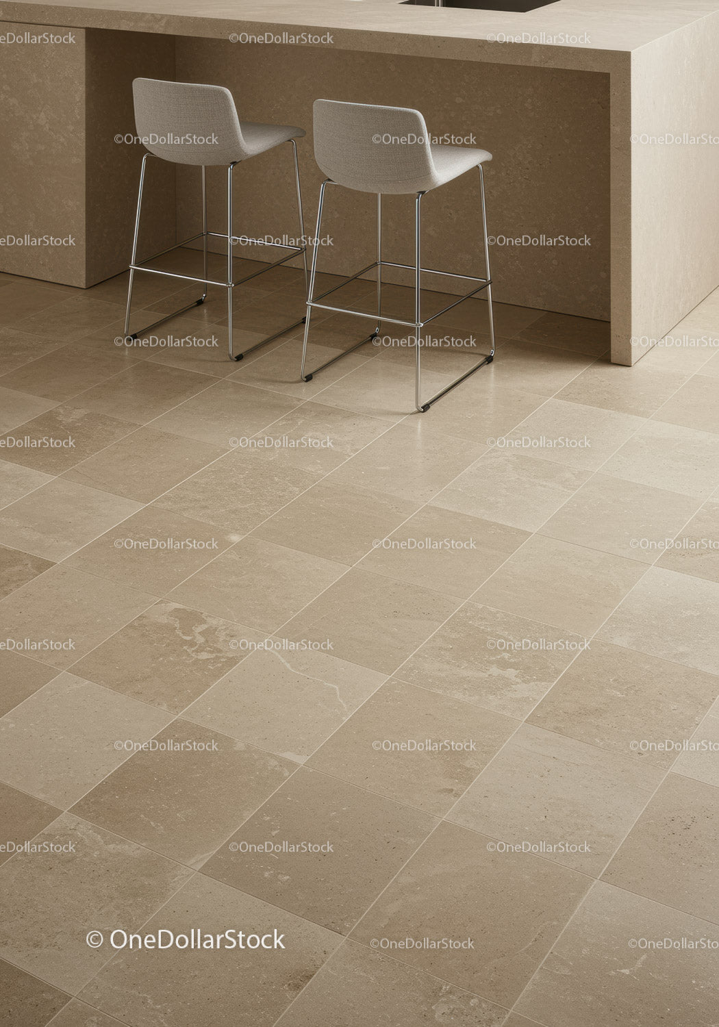 Modern Cafe Interior with Beige Tiles and Sleek Bar Stools