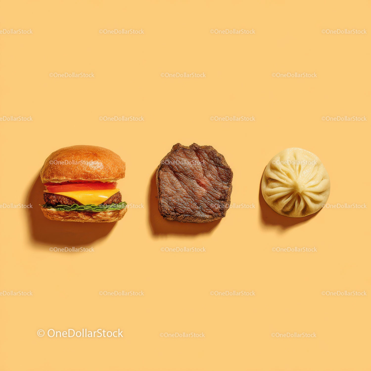 Gourmet Burger with Lettuce and Tomato Next to Grilled Steak and Dumpling