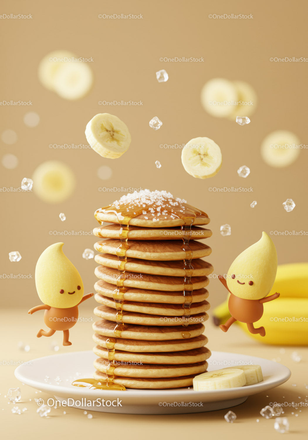 Stack of pancakes with syrup and floating banana slices