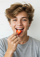 Young Man Smiling with Strawberry Slice in Bright Casual Portrait