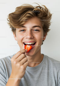 Young Man Smiling with Strawberry Slice in Bright Casual Portrait