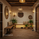 Cozy entryway with wooden bench and green plants