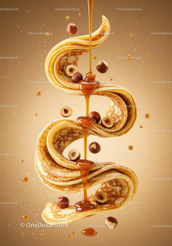 Swirling pancakes with honey and hazelnuts on beige background