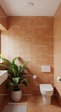 Minimalist Bathroom with Terracotta Tiles and Green Indoor Plant