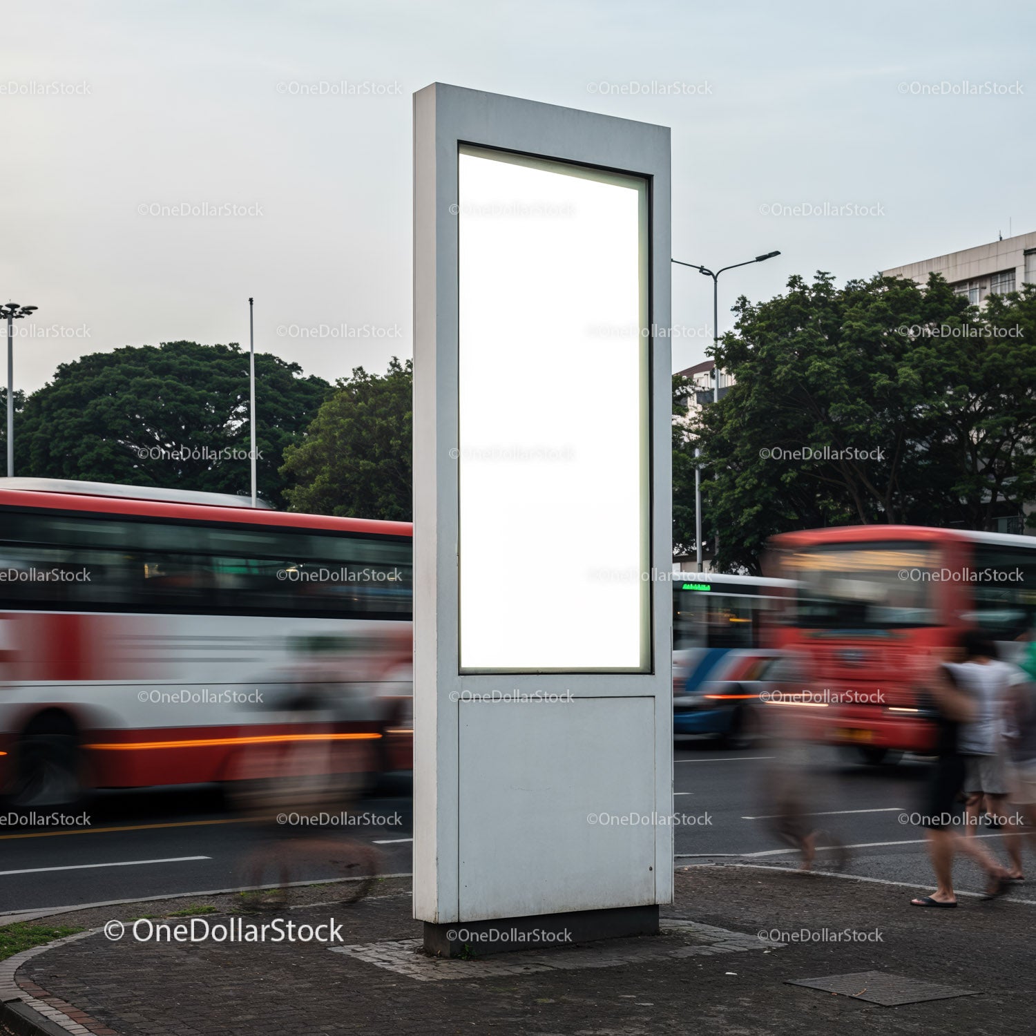 Blank urban billboard with busy traffic in motion