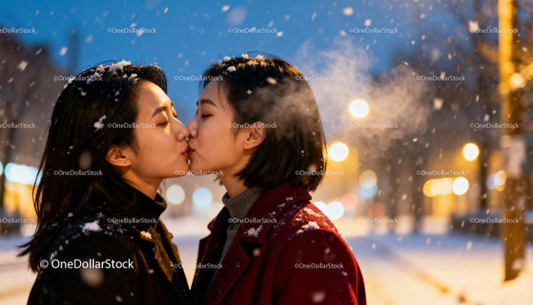 Couple sharing a tender kiss outdoors in snowy evening