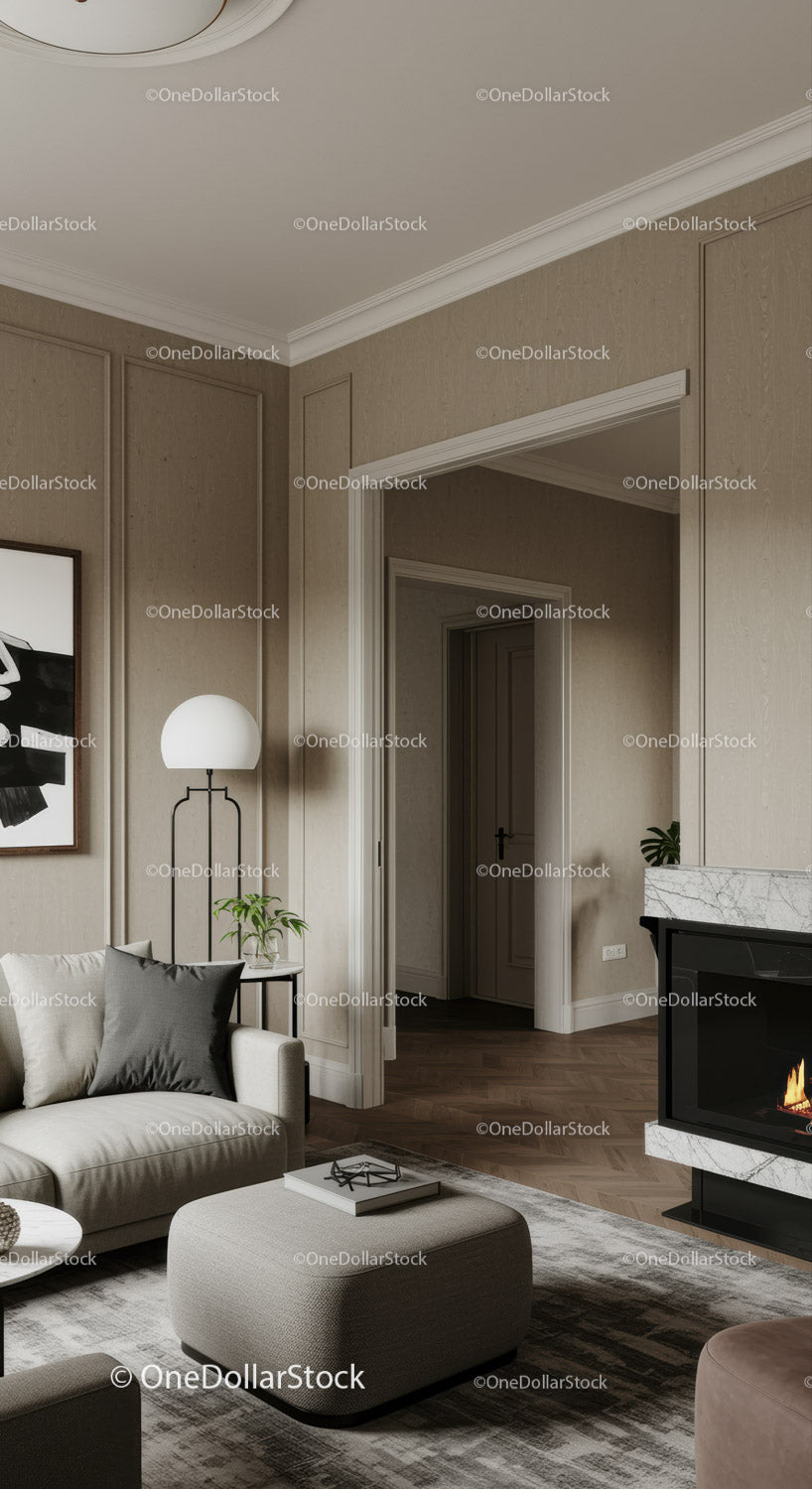 Cozy modern living room with fireplace and neutral tones