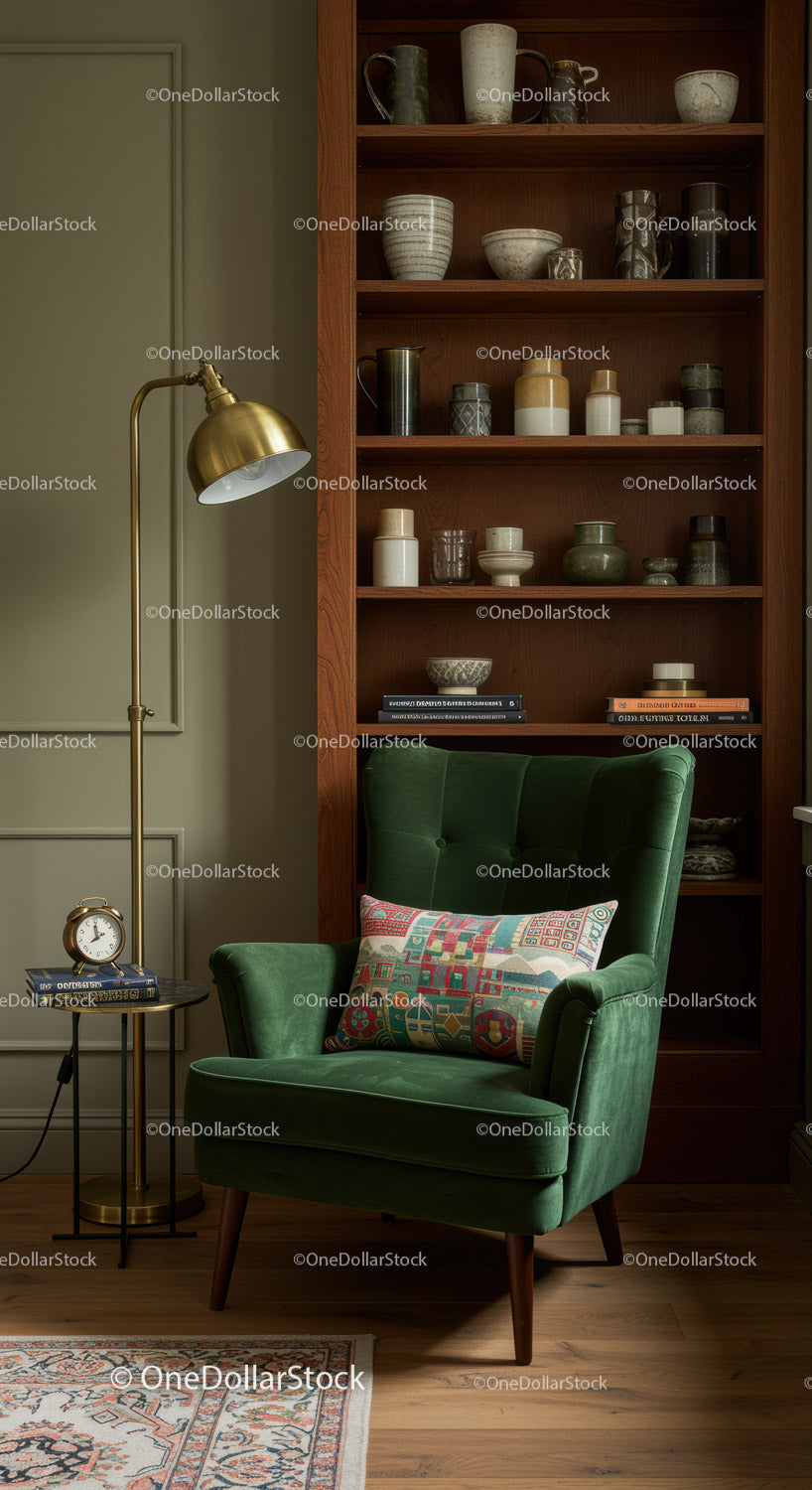 Cozy Green Armchair with Decorative Pillow by Bookshelf