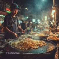 Street Food Vendor Cooking Noodles at Night Market in Bustling Marketplace