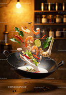 Fresh Shrimp and Aromatic Ingredients in Wok Cooking