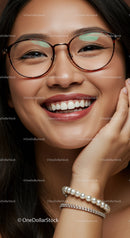 Close up of smiling woman with glasses and elegant bracelets