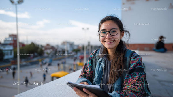 Young Woman Enjoying City View with Tablet on a Sunny Day