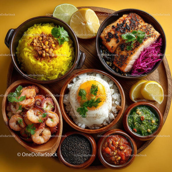 Colorful Indian Seafood Platter with Rice, Fish and Prawns