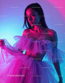Fashion Model Wearing Tulle Dress with Pink and Blue Lighting