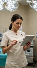 Female Doctor Using Tablet in Modern Operating Room During Surgery