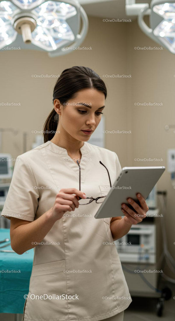 Lekarka korzystająca z tabletu w nowoczesnej sali operacyjnej podczas zabiegu