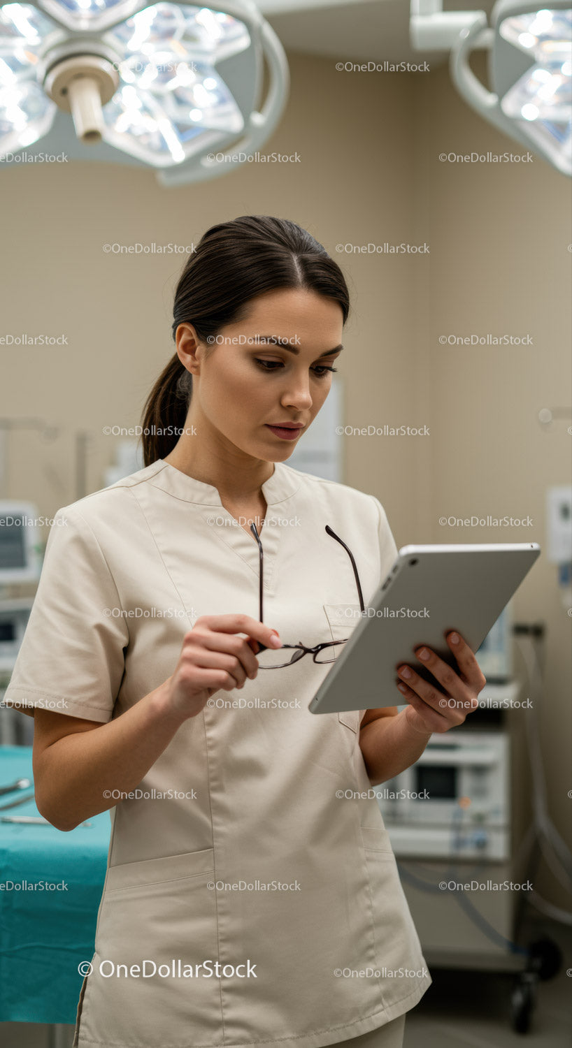 Lekarka korzystająca z tabletu w nowoczesnej sali operacyjnej podczas operacji