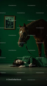 Woman Lying on Floor Beside a Horse in Dramatic Green Room