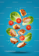 Grilled chicken bites with lettuce and cherry tomatoes
