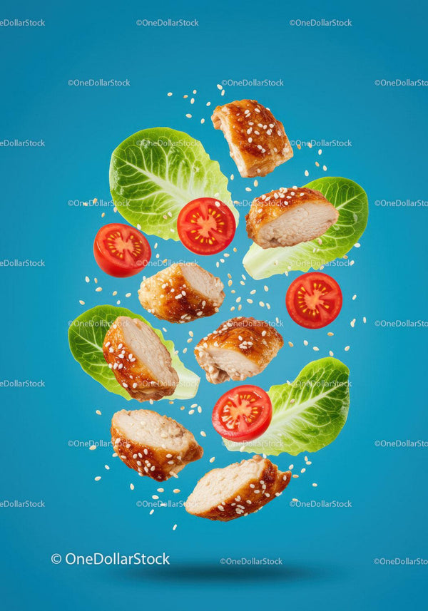Grilled chicken bites with lettuce and cherry tomatoes