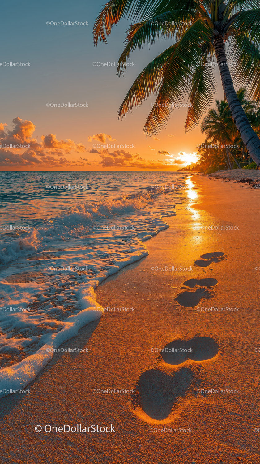 Scenic Tropical Beach Sunset with Palm Trees and Ocean Waves