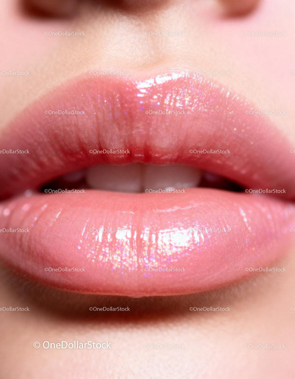 Close up of glossy natural pink lips with shimmering shine