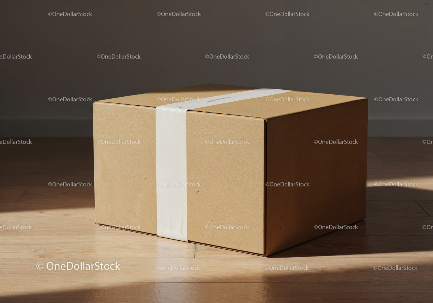 Simple cardboard package sealed with white tape on floor