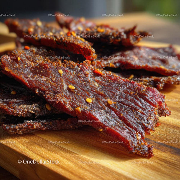 Crispy Beef Jerky Slices on Wooden Cutting Board Food Close-Up