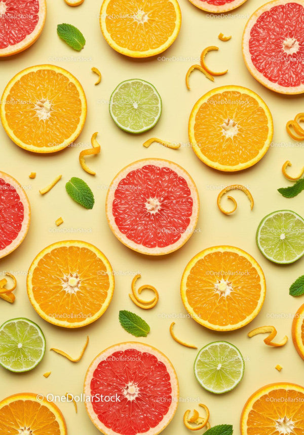 Fresh Citrus Fruits Slices with Mint on Light Background
