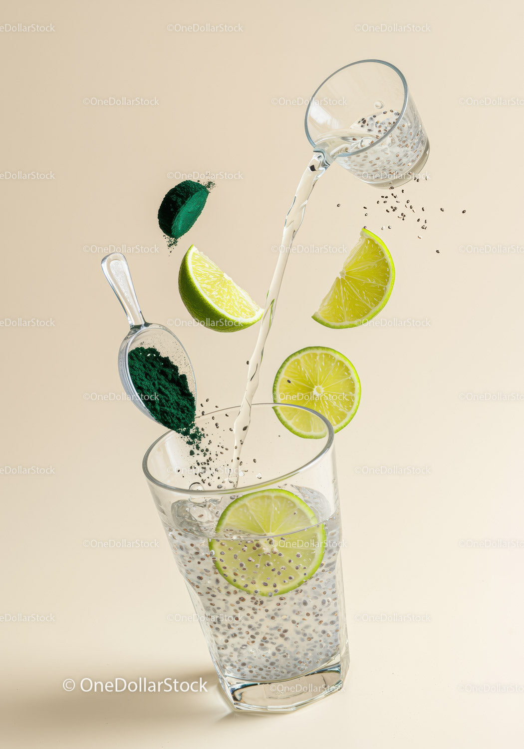 Refreshing lime chia drink with spirulina powder mix