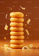 Stack of golden cookies with white chocolate chunks