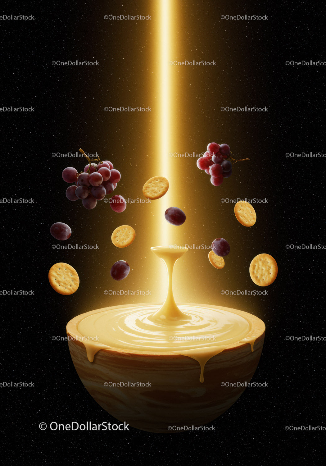 Golden honey dip with floating grapes and crackers