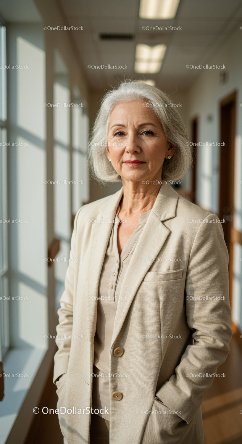 Pewna siebie starsza bizneswoman w nowoczesnym korytarzu biurowym