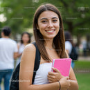 Smiling Young Woman Holding Pink Notebook Outdoors in Campus Setting