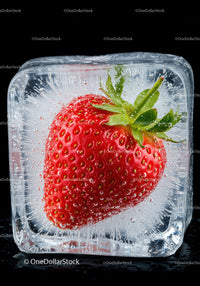 Fresh strawberry encapsulated inside a clear ice cube