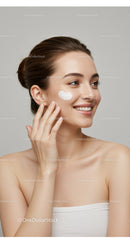 Young Woman Applying Moisturizer in Skincare Routine with Bright Smile