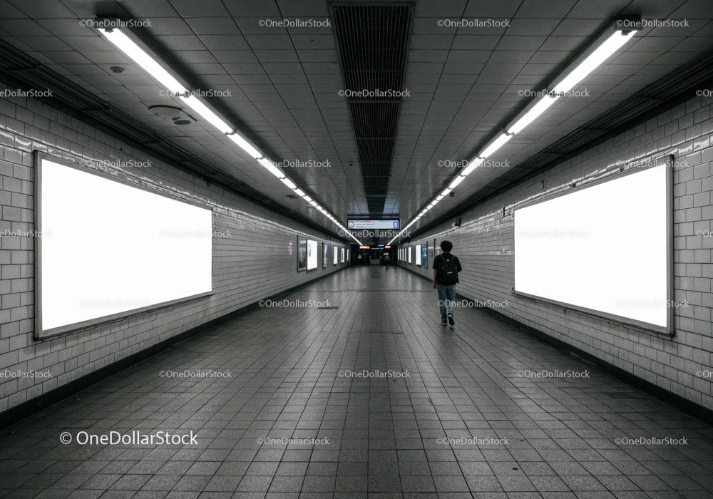 Minimalist Subway Tunnel with Tiled Walls and Modern Lighting