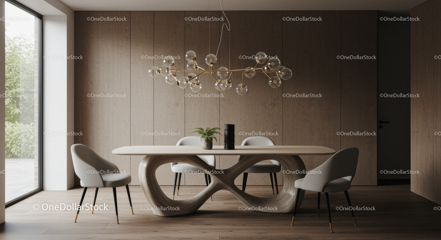 Contemporary Dining Room with Wooden Panel Wall and Artistic Light Fixture