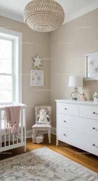 Bright Nursery Room with White Furniture and Plush Teddy Bear