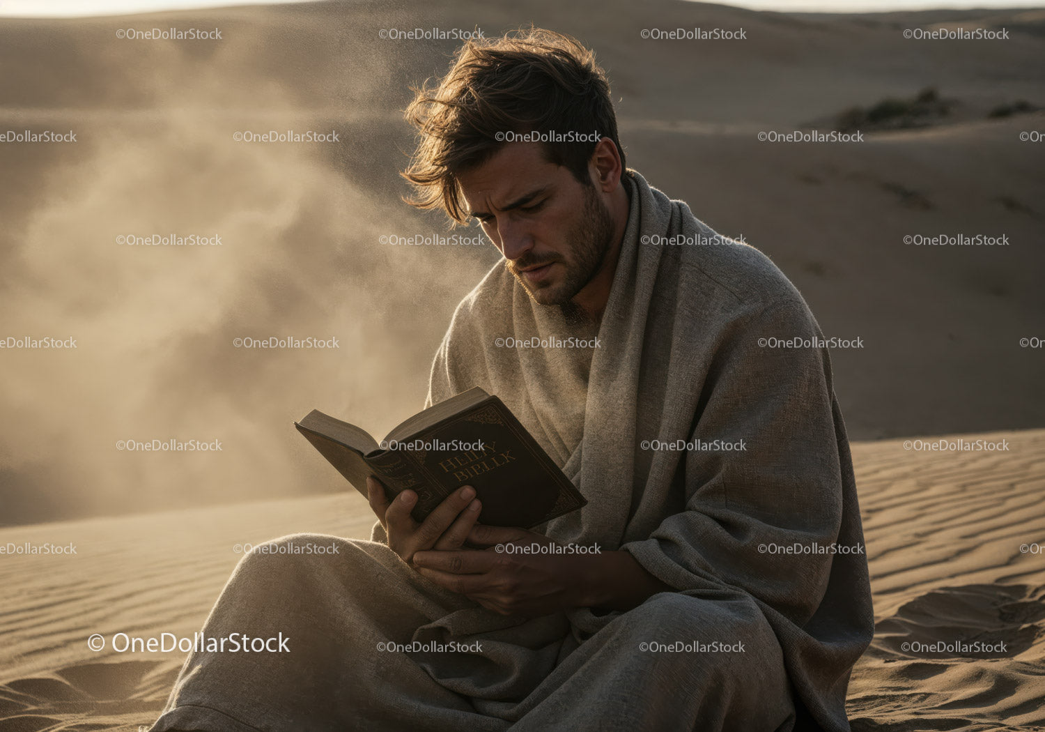 Man Reading Bible in Desert With Sand Dunes and Golden Light