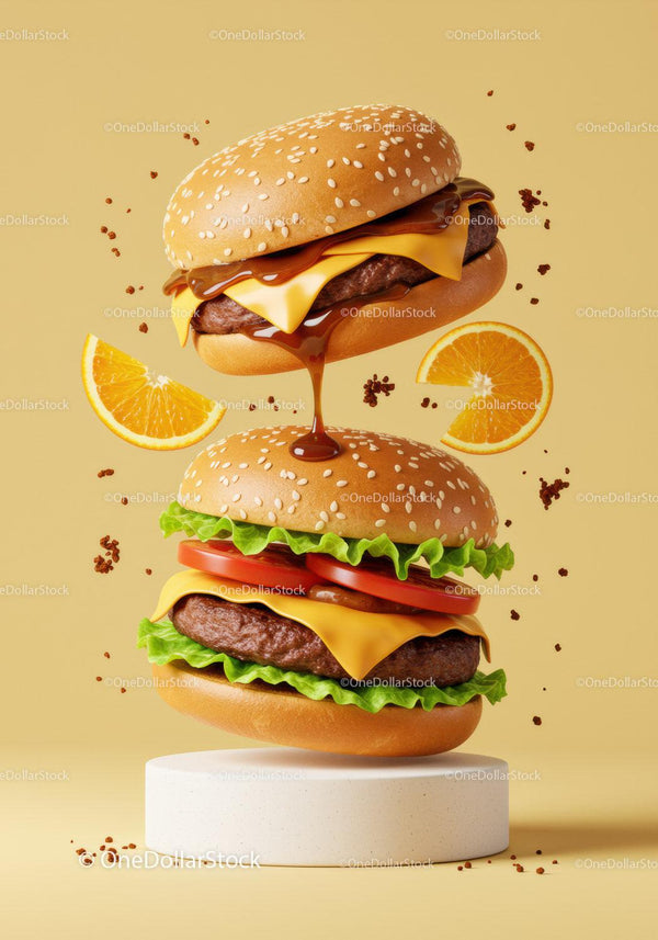 Two stacked cheeseburgers with fresh ingredients and sauce