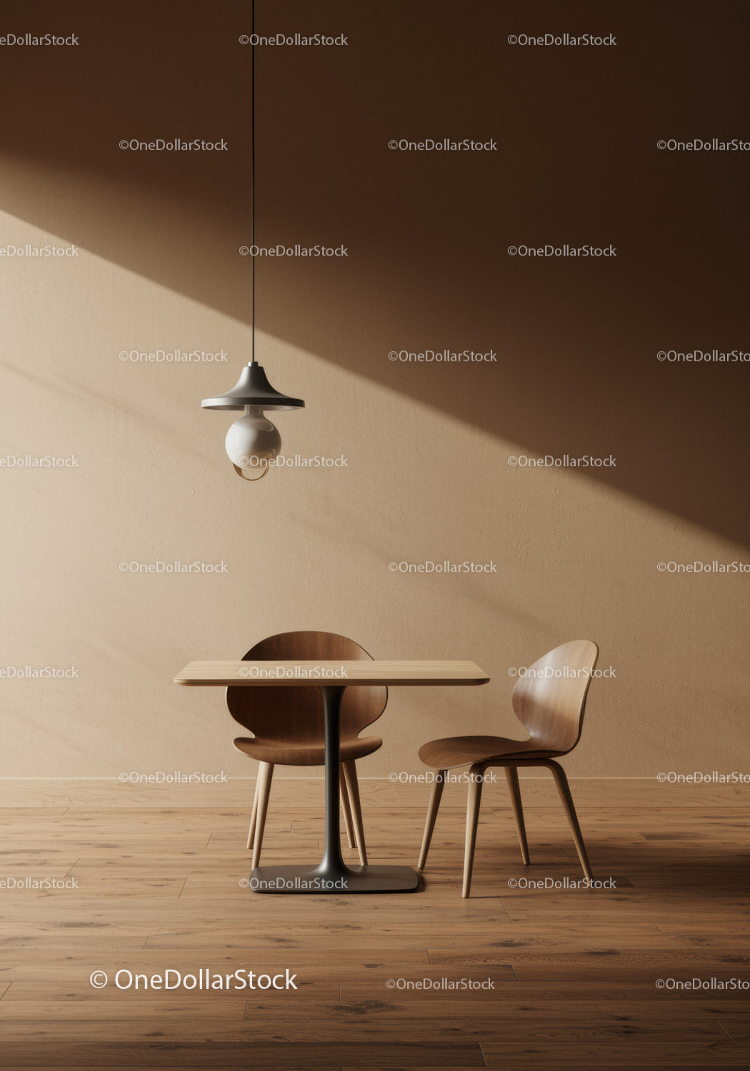 Minimalist Dining Room with Wooden Chairs and Pendant Light