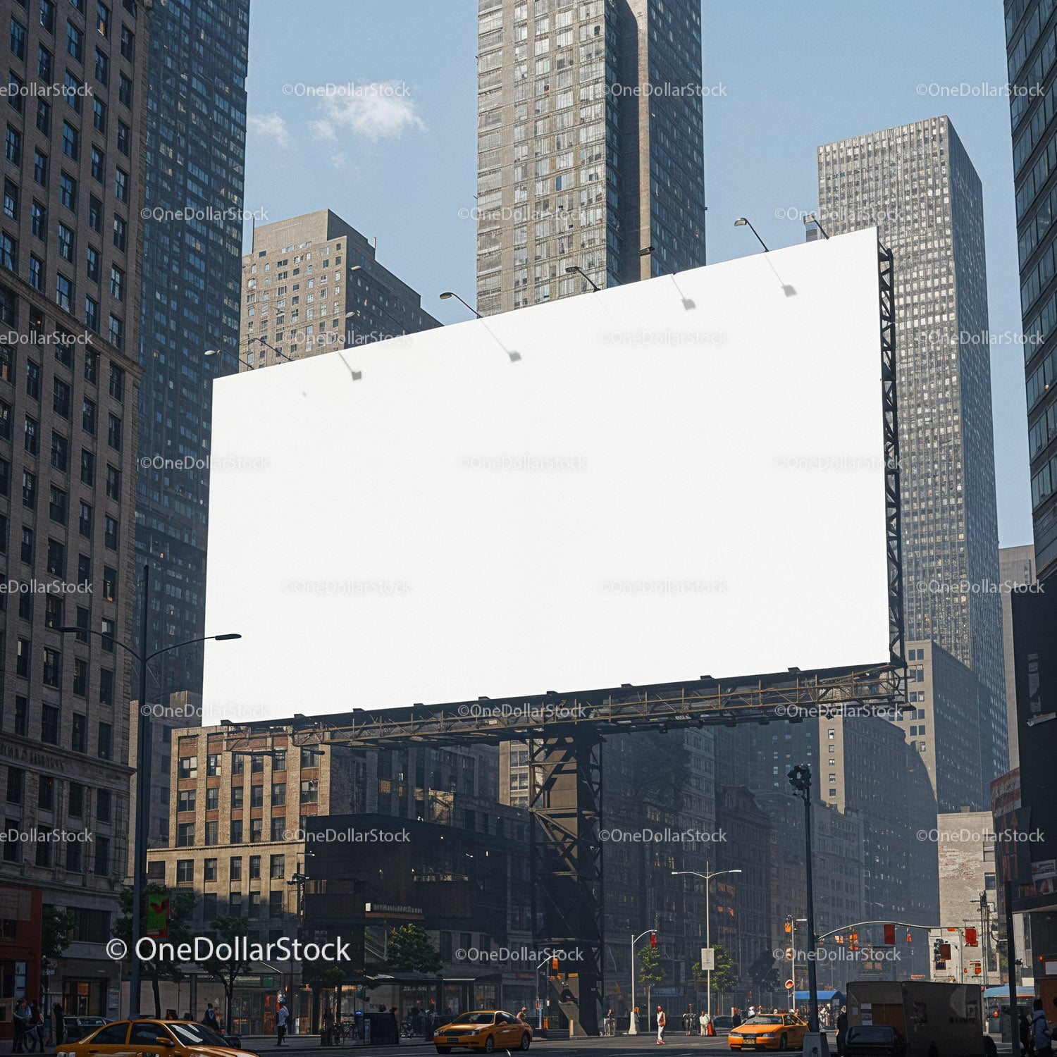 Duży pusty billboard z widokiem na ruchliwe skrzyżowanie miasta
