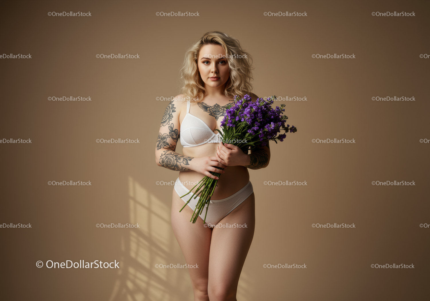 Elegant Woman in White Lingerie Holding Purple Flower Bouquet in Studio